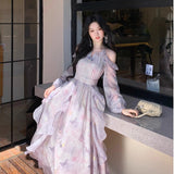 French Temperament Out-Shoulder Butterfly Print Long-Sleeved Dress Women Spring And Summer High-Grade Feeling Irregular Lotus Leaf Side Long Skirt