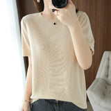 2026 Spring New Pure Cotton Sweat-Sucking T-Shirt Women's Round Collar Collar Head Short-Sleeved Knitwear