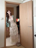 Korean Gentle Wind Two Sets Of Mint Green Hollow Open Shirt + Lace Splicing Cake Skirt Female Fashion Suit