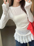 Ballet Style Lace Lace Under The Bottom Of The Bottom Shirt Women's Spring Spring New Fat Mm Folded Clothes Thin Long Sleeves T-Shirt