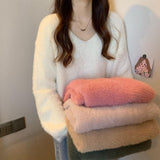 Soft Soft Glutinous Sweater Women's Autumn And Winter White Languid Wind High Sense V-Neck Knitted Shirt Loose Long-Sleeved Top