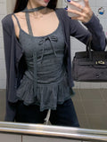 Sweet Style Long-Sleeved Shirt Coat Women's New Autumn With Wave Dot Lace Side Sling Two Sets Of Tops