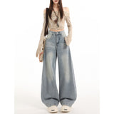 High-Rise Water Wash Blue Scissors Jeans Women Autumn And Winter Retro Embroidery Design Loose Thin Leggings