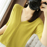 Ice Silk Breathable 2026 Spring And Summer New Women V Neck Thin Top Five-Sleeve Sleeve Sleeves Pure Color Temperament Knitted Shirt