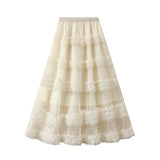 High-End Heavy Industry Lace Cake Skirt Long Skirt Sweet Wind High Waist Wood Ear Net Yarn Skirt 1276