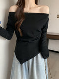 One-Word Shoulder Design Feeling With Irregular Long-Sleeved T-Shirt Women's Autumn Collarbone Sexy Bottoming Shirt Pure Desire Top
