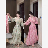 Purely Grit Flower Chiffon Suit Dress Sexy V-Neck Cross Strap Short Long-Sleeved Top High Waist Half-Dress