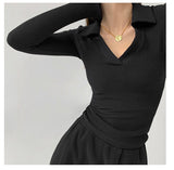 Hottie Sexy V-Neck Thin Bottom Shirt 2026 Early Autumn Solid Sleeve Polo Shirt In Tide T-Shirt