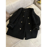 High-Grade Black Lamb Velvet Coat Women's Autumn And Winter 2025 New Thicken Double Buckle Round-Neck Cotton Wool Coat