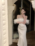 Hepburn Style French High-End Shoulder Dress Women's Autumn And Winter New Feathers And Thirpth Evening Dress