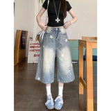 Vintage Personality To Do Old Star Print Denim Shorts Women Summer Thin High-Waisted Loose Broad-Legged Seven-Pointed Trousers
