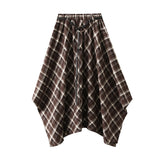 French Retro Check-In Irregular Half-Dress Women's Autumn Drawstring Tie High-Waisted Wrinkle Skirt 5017