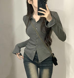 Spring And Autumn Polo Collar Pure Lustful Design Long-Sleeved Shirt Girl Thin Shoulder Hottie Top