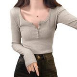 Half-Necked Hottie T-Shirt Women's Bottom Shirt Autumn New 2026 White Thread Button Long-Sleeved Top