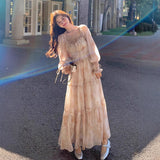 French Style Collar Bubble Sleeve Chiffon Floral Dress Women's Spring And Autumn Fairy Dress First Love Gentle Fengsen Long Dress