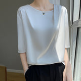 Silk Satin Paste Acetic Acid 2026 Spring And Summer New Women's Five-Sleeve Collar Loose T-Shirt Short-Sleeved Top