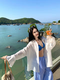 Maldives Holiday Casual Wear Blue Bikini White Sunscreen Shirt Women Summer Seaside Sexy Three-Piece Set