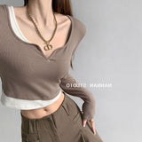 Designing A Hottie Fake Two-Piece Color Small V-Neck Long-Sleeved T-Shirt Girl Autumn Slim Thin Short-Num Chic Top