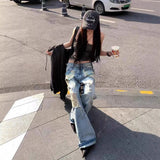 Vintage Do Old Hottie Street Style Loose Straight Trousers Trend New Hole Grinding Scars Denim Trousers Woman