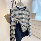 Korean Version Of The Retro Stripe Bumpy Slim Roll Round-Neck Long-Sleeved T-Shirt For Women's Loose Lazy Sun Protection Shirts Summer