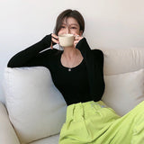 Shirt Women's Spring 2025 Newly Int Clad U-Necked Student T-Shirts Thin Spice Girls Girl Long Sleeve T-Shirt
