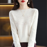 Line Ready-To-Wear Seamless 100% Pure Wool 2026 Autumn And Winter Women's Round-Neck Edge Hollow Short Bottom Knitted Sweater