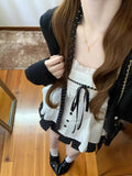 Sweet Sister College Style Black Long-Sleeved Knitted Shirt Coat + Bow Sling Suit + Wave Point Skirt Three-Piece Set