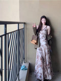 Autumn And Winter Wear A Complete Set Of Maillard Coffee Suit Jacket Women Folded Wearing Broken Flowers Hanging Dress Two Sets