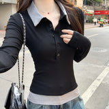 Korean Wearing A Fake Two-Piece Polo Collar Long-Sleeved T-Shirt For Women's New Black Tie Bottom Shirt In Autumn