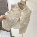 New Winter Cotton Thick Vest New Chinese Loose Round-Neck Women's Style Embroidery Warm Wool Collar Top