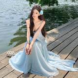 Greek Goddess Fan Seaside Holiday Dress High-Grade Pure Diamond Ribbon With Blue Sling Skirt Dress Dress