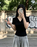 V Collar Kinetic Design T-Shirt Girl Summer Pure Hot Girl Short-Sleeved Bottom Shirt Slim Thin Top Woman