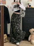 Vintage Camouflage Draw Straight Mid-Dress Women Autumn 2025 New Fashion Thin Hanging Hole Long Skirt