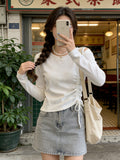 Autumn Long-Sleeved T-Shirt Women Thin Bottom Shirt Drawstrings In The Bottom Shirt Slim Slimy Irregular Sweet Spicy Top
