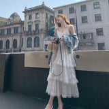 White Suspension Dress Women's Summer 2025 New French Beauty Lace Spliced Super Fair Seaside Vacation Suspension Dress
