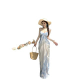 French Pure Blue And White Porcelain Holiday Style Dress Temperament Waist Thin Sling Skirt Screen Printing Seaside Dress