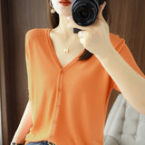 Ice Silk Breathable 2026 Spring And Summer New Women V Neck Thin Top Five-Sleeve Sleeve Sleeves Pure Color Temperament Knitted Shirt