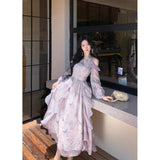 French Temperament Out-Shoulder Butterfly Print Long-Sleeved Dress Women Spring And Summer High-Grade Feeling Irregular Lotus Leaf Side Long Skirt