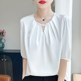 Silk Satin 2026 Spring And Summer Women's New Short Round Lead The National Wind Buckle Half-Sleeve Five-Sleeve Shirt