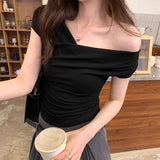 French Top Fashion Design Collar A Word Shoulder T-Shirt Short-Sleeved Girl Summer Repair Hot Girl Tight Shoulder Short