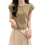 Positive Shoulder Short-Sleeved T-Shirt Women's Summer 2025 New Hong Kong Flavor Ins Style Slimming Small Flying Sleeve Short Top