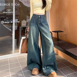 Vintage High-Waist Jeans Loose Tug Trousers Women's Autumn And Winter New Thin Loose Broad Leg Trousers White Trousers